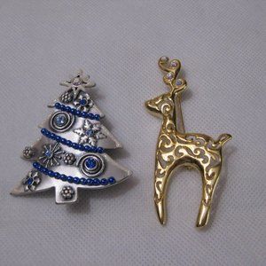 Signed KC Christmas Tree Reindeer Blue Silver Gold Rhinestone Brooch Pin Lot